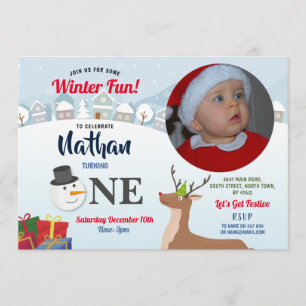 Invitation 1er anniversaire Noël Fête Photo Snowman hiver