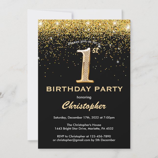 Invitation 1er anniversaire Noir et Parties scintillant d'or  (Devant)