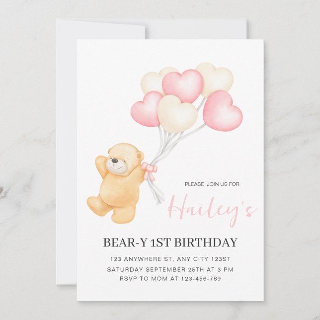 Invitation 1er Anniversaire Ourson, Fille Premier  (Devant)