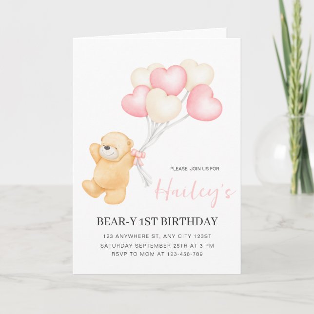 Invitation 1er Anniversaire Ourson, Fille Premier  (Devant)