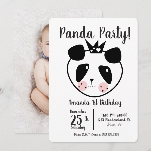 Invitation 1er Anniversaire Panda Moderne Mignon (Devant / Derrière)