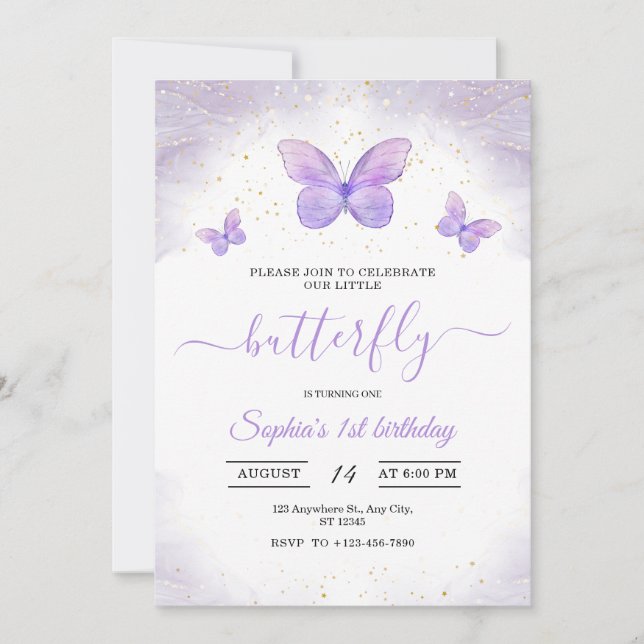 Invitation 1er Anniversaire Papillons Fête d'anniv (Devant)