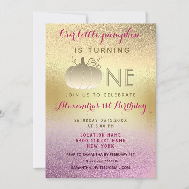 Invitation 1er anniversaire Parties scintillant rose or Notre (Devant)