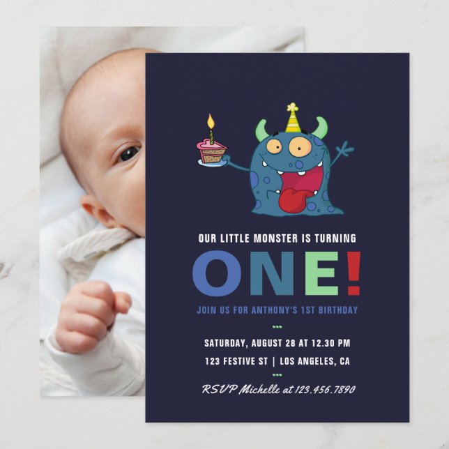 Invitation 1er anniversaire Petit Monster Boy Party Invitatio (Devant / Derrière)