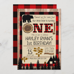 Invitation 1er anniversaire Petit Ours Flannel Lumberjack Thè