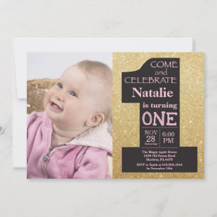 Invitation 1er Anniversaire Photo avec Paillettes Dorées et R