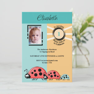 Invitation 1er Anniversaire photo ladybugs vert orange