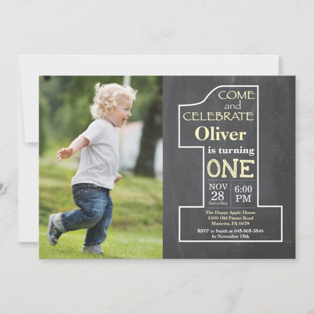 Invitation 1er anniversaire Photo tableau noir jaune (Devant)
