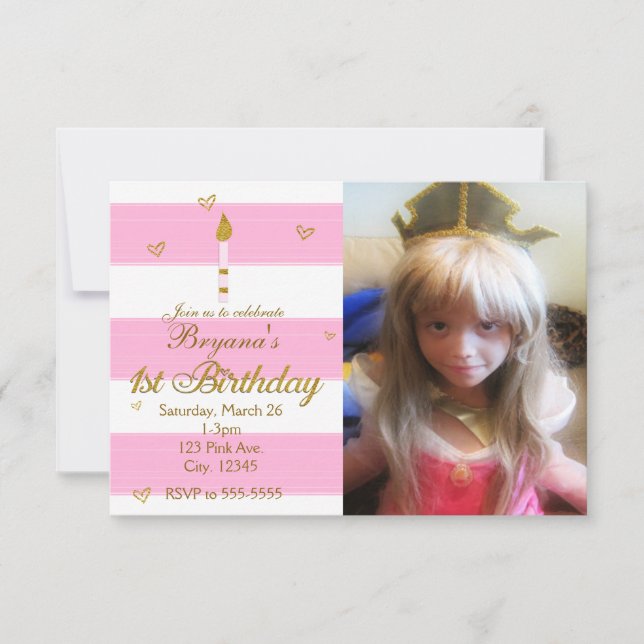 Invitation 1ER ANNIVERSAIRE Pink White & Gold Photo Invitatio (Devant)