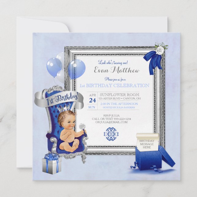 Invitation 1er Anniversaire Prince Garçon Bleu Royal Argent P (Devant)