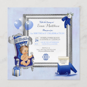 Invitation 1er Anniversaire Prince Garçon Bleu Royal Argent P