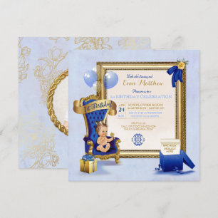 Invitation 1er Anniversaire Prince Garçon Bleu Royal Or Photo