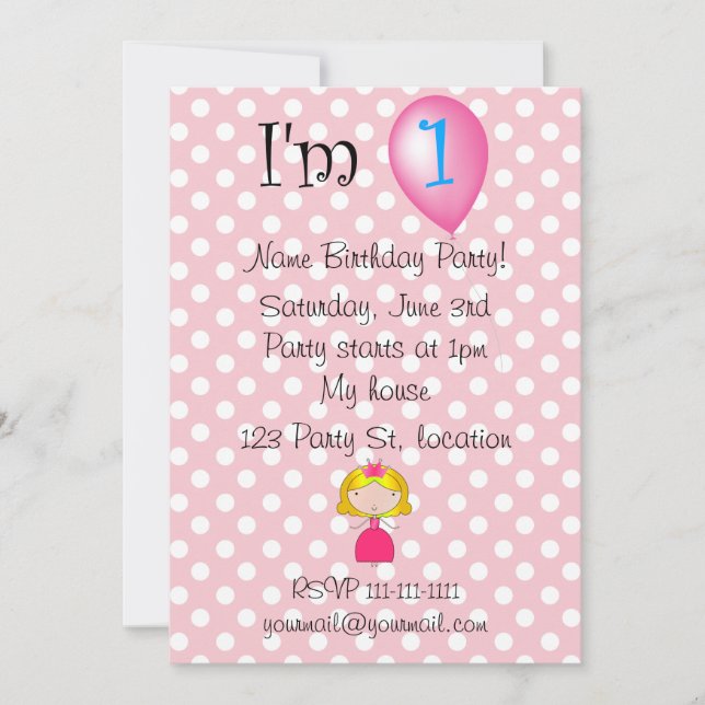 Invitation 1er anniversaire princesse pois rose (Devant)
