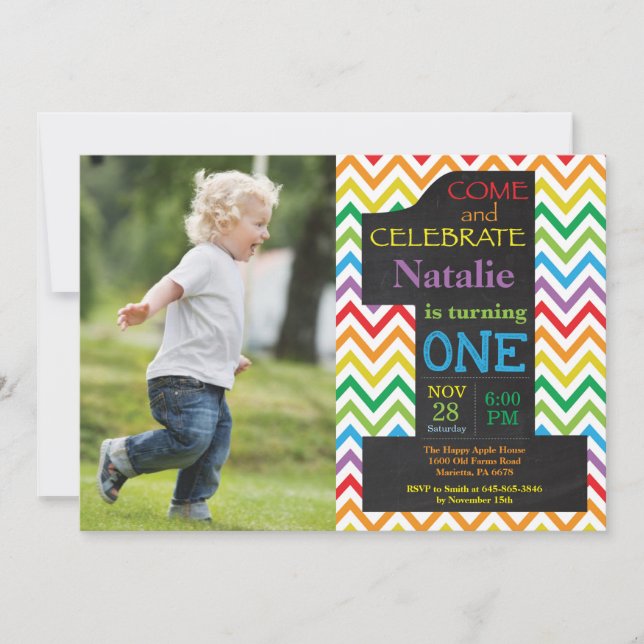 Invitation 1er anniversaire Rainbow Chalkboard photo (Devant)