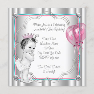 Invitation 1er anniversaire rose et bleu Turquoise