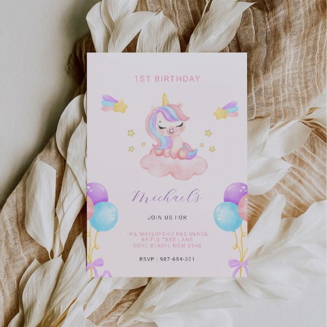 Invitation 1er anniversaire rose et violet (Pink and Purple 1st Birthday Invitation)