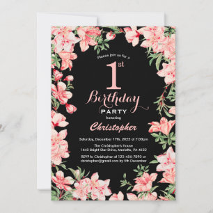 Invitation 1er Anniversaire Rose Fleurs Florales Arrière - pl