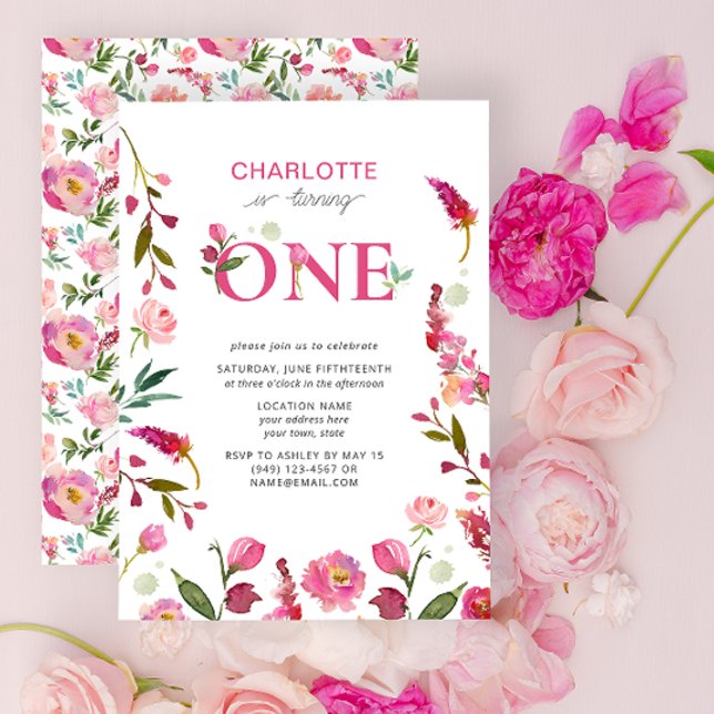 Invitation 1er Anniversaire Rose Floral Aquarelle Tourne un (1st Birthday Invitation)