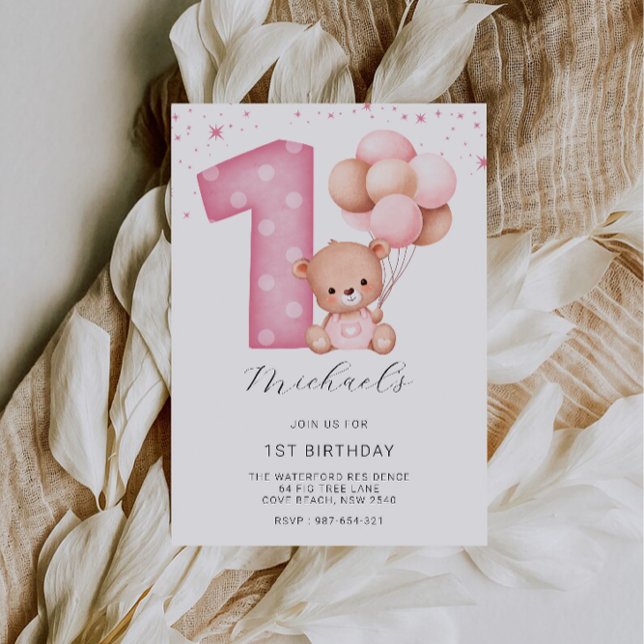 Invitation 1er anniversaire rose, ours en peluche (Pink 1st Birthday, Teddy Bear Invitation)