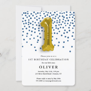 Invitation 1er anniversaire Royal Blue Confetti et Gold Ballo