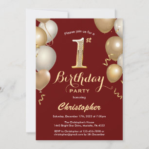 Invitation 1er anniversaire Sombre Rouge et Or Ballons Confet