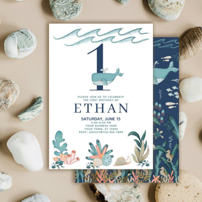 Invitation 1er anniversaire sous la mer Aquarelle baleine (Créateur téléchargé)