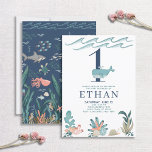 Invitation 1er anniversaire sous la mer Aquarelle baleine<br><div class="desc">Créez l'invitation parfaite de fête de premier anniversaire avec ce design moderne sous le thème de la mer,  avec une baleine peinte à la main,  corail,  et animaux de l'océan. L'arrière de la carte présente une illustration sous la mer. Copyright Invitations élégants,  tous droits réservés.</div>