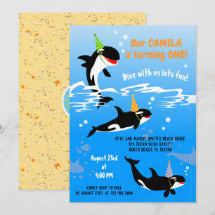 Invitation 1er anniversaire sous la mer orque baleine bébé fi