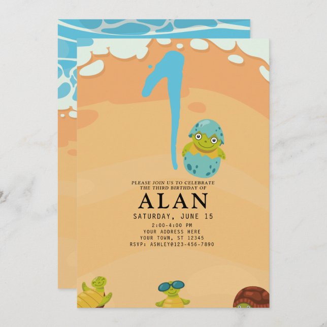 Invitation 1er anniversaire sous la mer Watercolor TURTLE (Devant / Derrière)