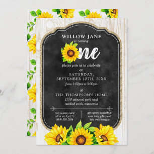 Invitation 1er anniversaire Sunflower & rustique Bois ferme