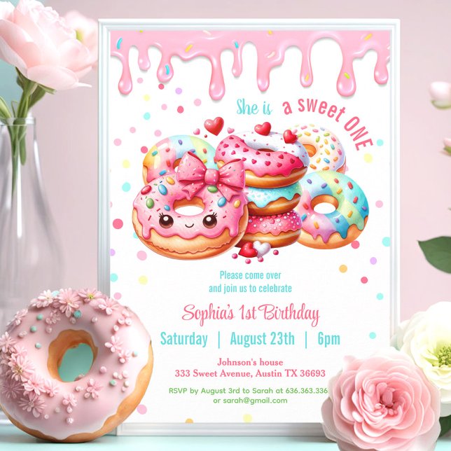Invitation 1er Anniversaire Sweet One mignonne Donut Rose Gir (1st Birthday Sweet One Cute Donut Pink Girl Invitation)
