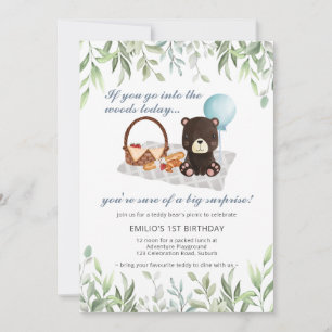 Invitation 1er anniversaire Teddy Bear Pique-nique Blue Green