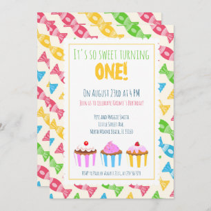 Invitation 1er anniversaire trois cupcakes baby girl party