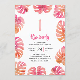 Invitation 1er anniversaire tropical Plage d'été rose