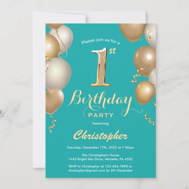 Invitation 1er Anniversaire Turquoise et Ballons d'or Confett (Devant)