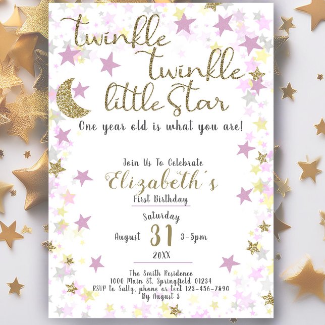 Invitation 1er anniversaire Twinkle Little Star Gold Girl (Créateur téléchargé)