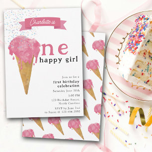 Invitation 1er Anniversaire Un Joyeux Fille Crème de glace ro