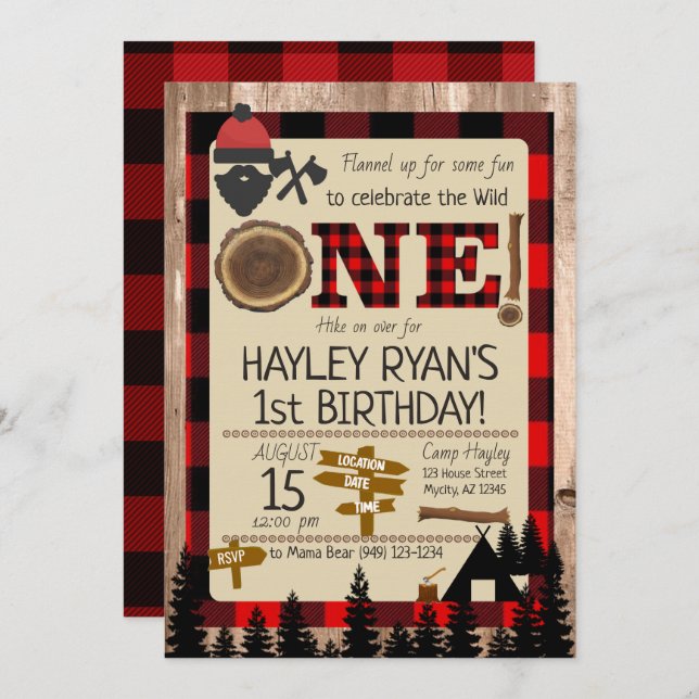 Invitation 1er anniversaire Wild One Flannel Lumberjack Thème (Devant / Derrière)