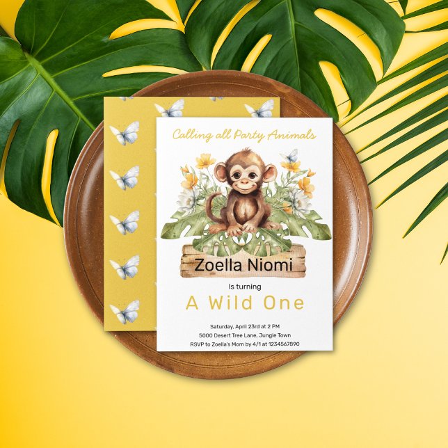 Invitation 1er anniversaire Wild One Jungle Animaux (Safari Jungle Watercolor Monkey Yellow White Flowers Greenery Butterfly Pattern Birthday Invitation)