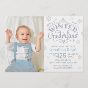 Invitation 1er anniversaire Winter Onederland Photo bleue d'a