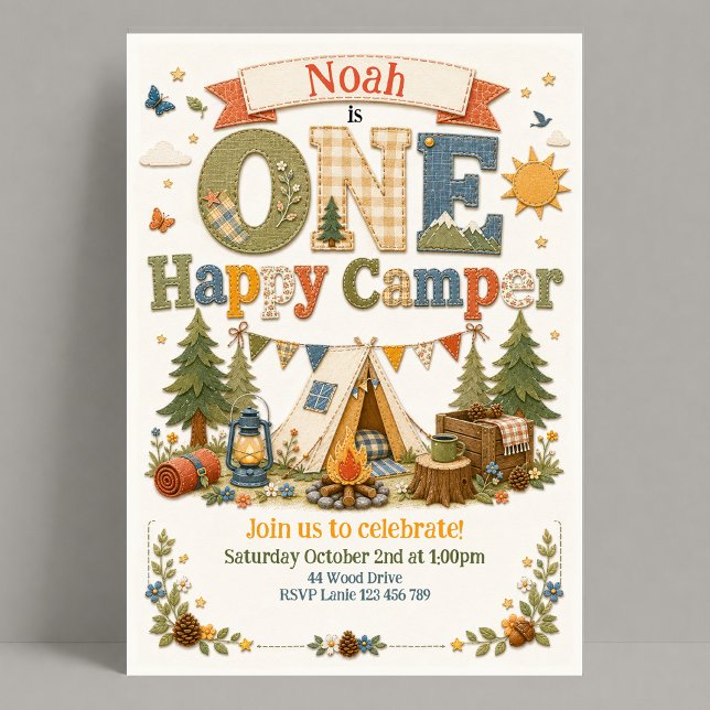 Invitation 1er Anniversaire Woodland One Happy Camper (Créateur téléchargé)