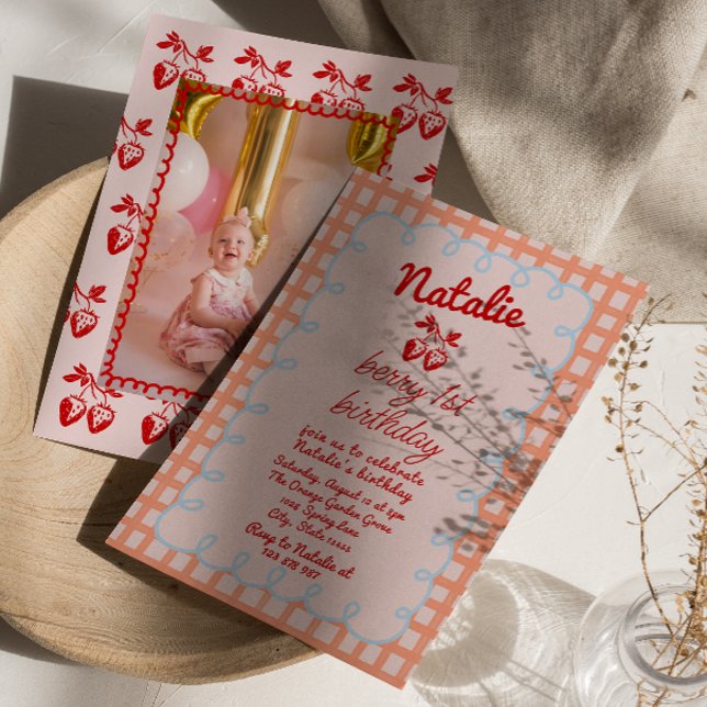 Invitation 1er Berry Hand Drawberry Photo Anniversaire (Créateur téléchargé)