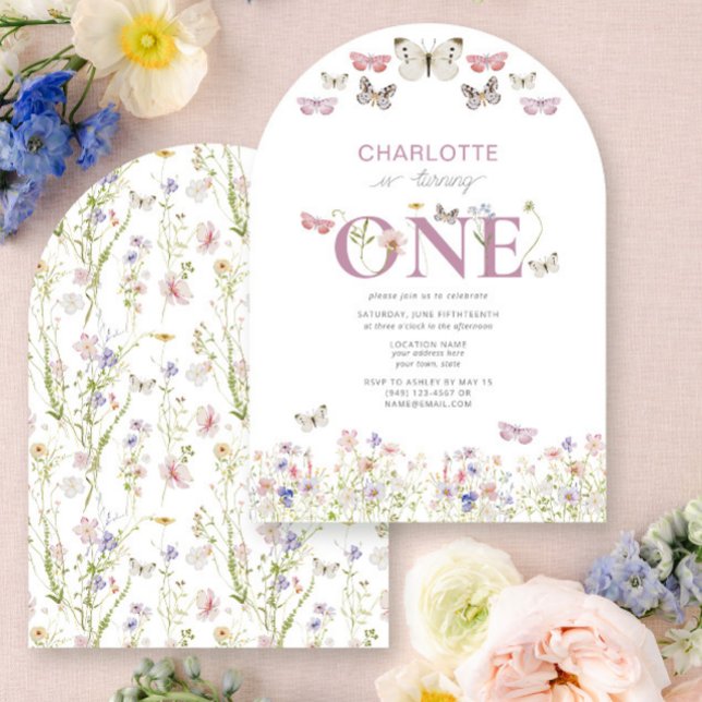 Invitation 1er Fleur sauvage Anniversaire tourne un papillon (Créateur téléchargé)