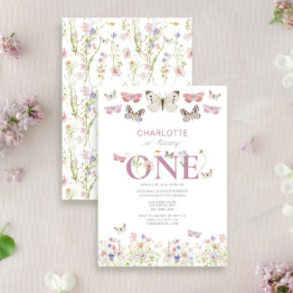 Invitation 1er Fleur sauvage Anniversaire tourne un papillon