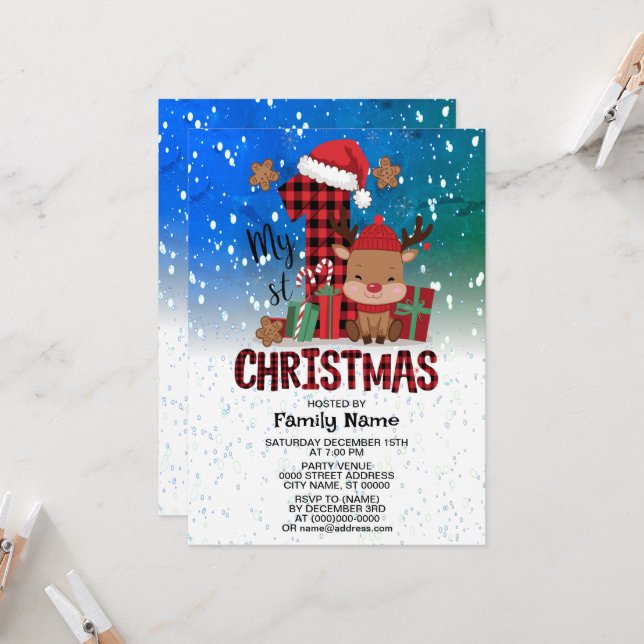 Invitation 1er Noël Santa Hat White Neige Bébé Reindeer (Devant/Arrière en situation)