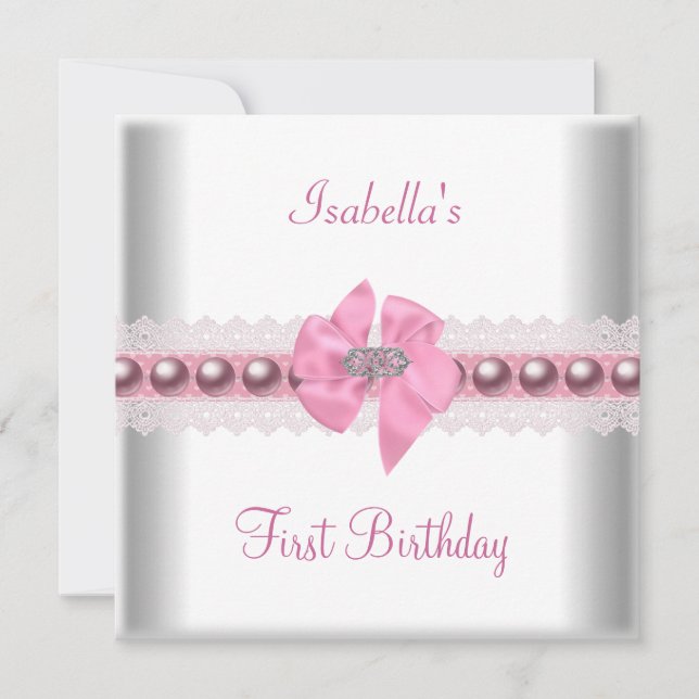 Invitation 1er Premier anniversaire Fête Joliment Rose Ruban (Devant)