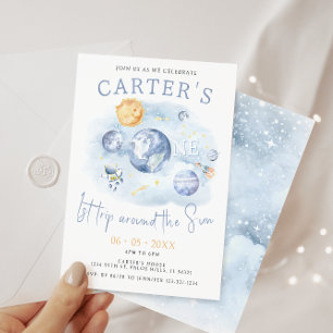 Invitation 1er voyage autour de l'espace soleil planètes garç