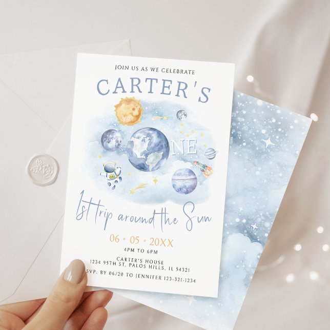 Invitation 1er voyage autour de l'espace soleil planètes garç (Créateur téléchargé)
