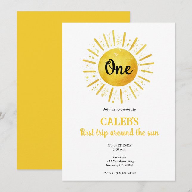 Invitation 1er voyage autour du soleil Fête d'anniversaire 1  (Devant / Derrière)