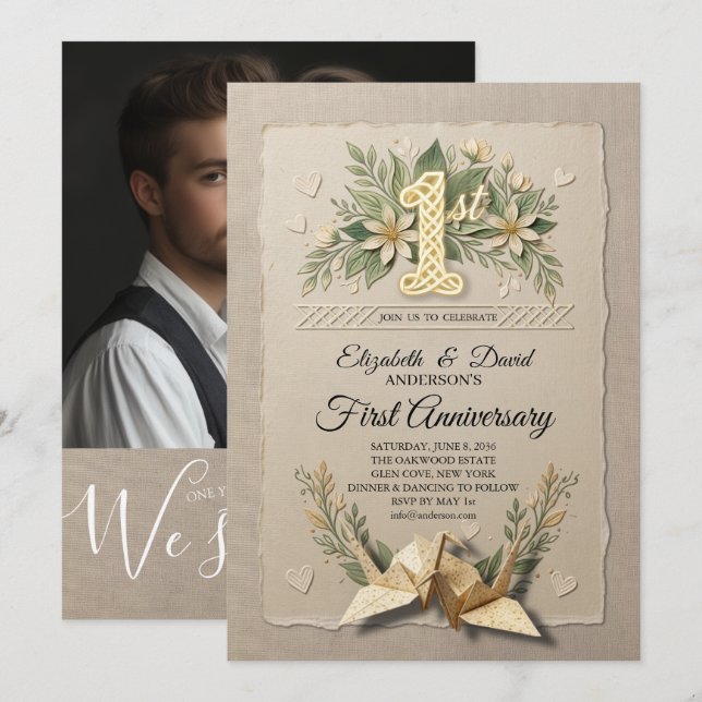 Invitation 1ère Anniversaire de Mariage en Papier Découpe de  (Devant / Derrière)